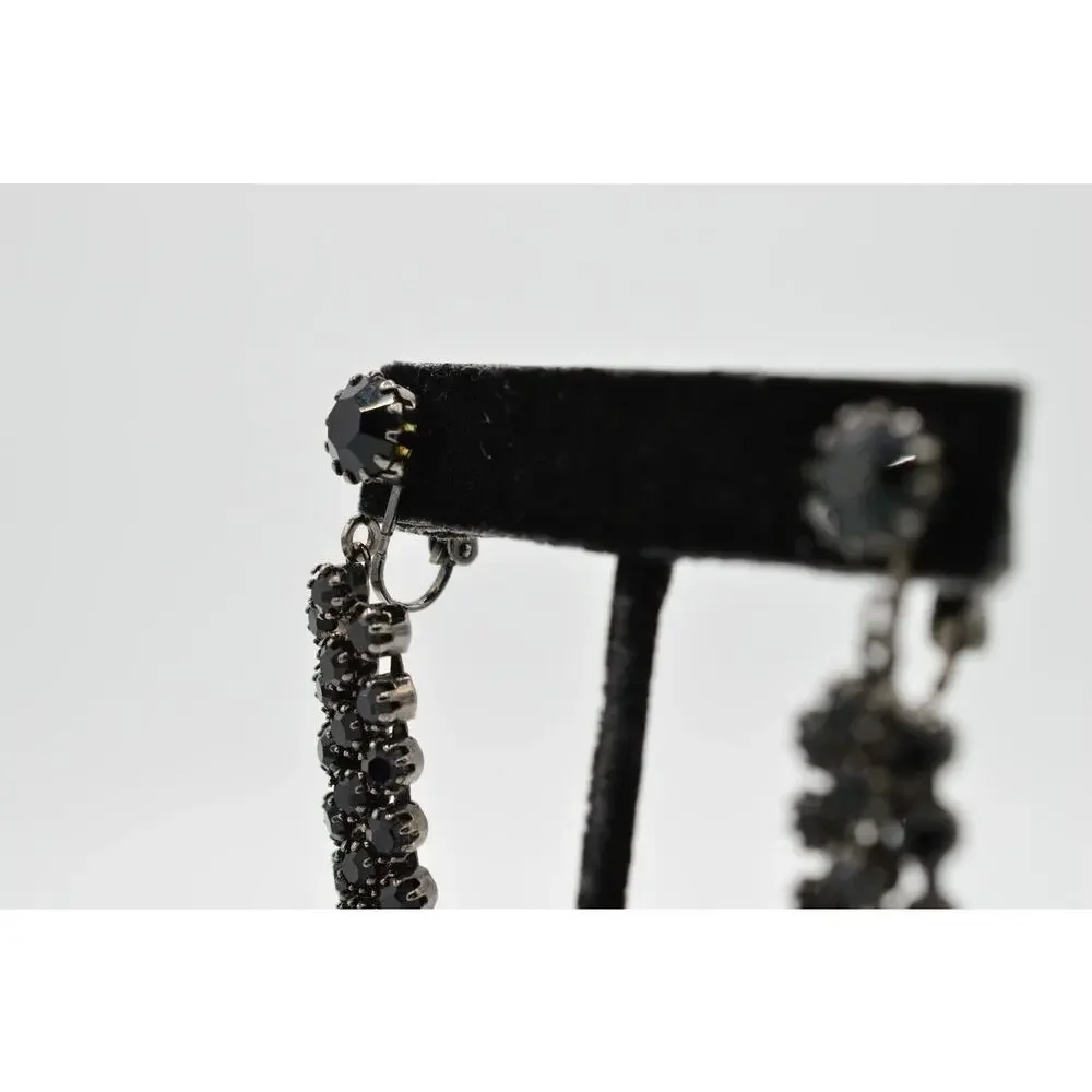 Vintage Statement Earrings Clip On Black Rhinestone Crystal Gunmetal Dangle 9H